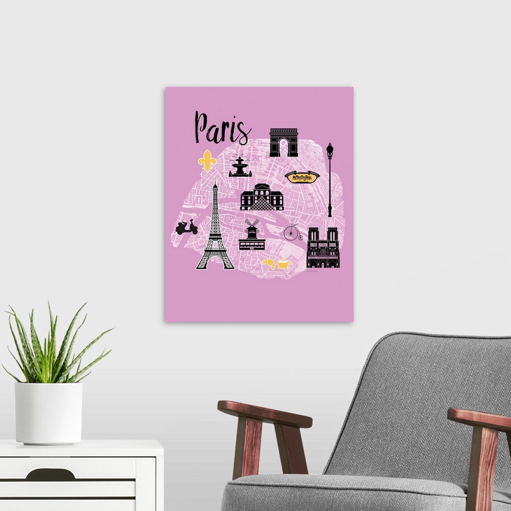 A modern room featuring Map of Paris with cute graphics of famous landmarks.
