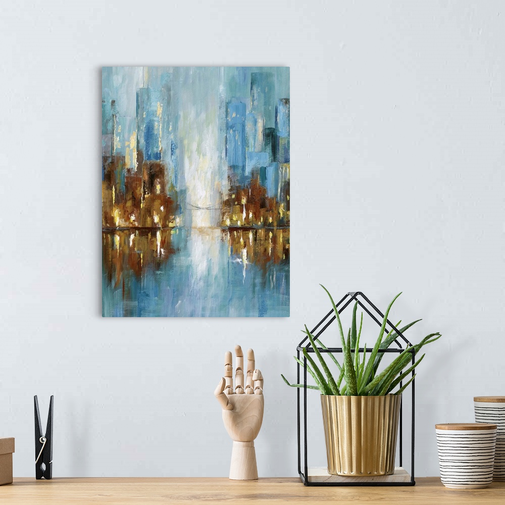 A bohemian room featuring Contemporary painting of a cityscape in the evening reflected in the water.