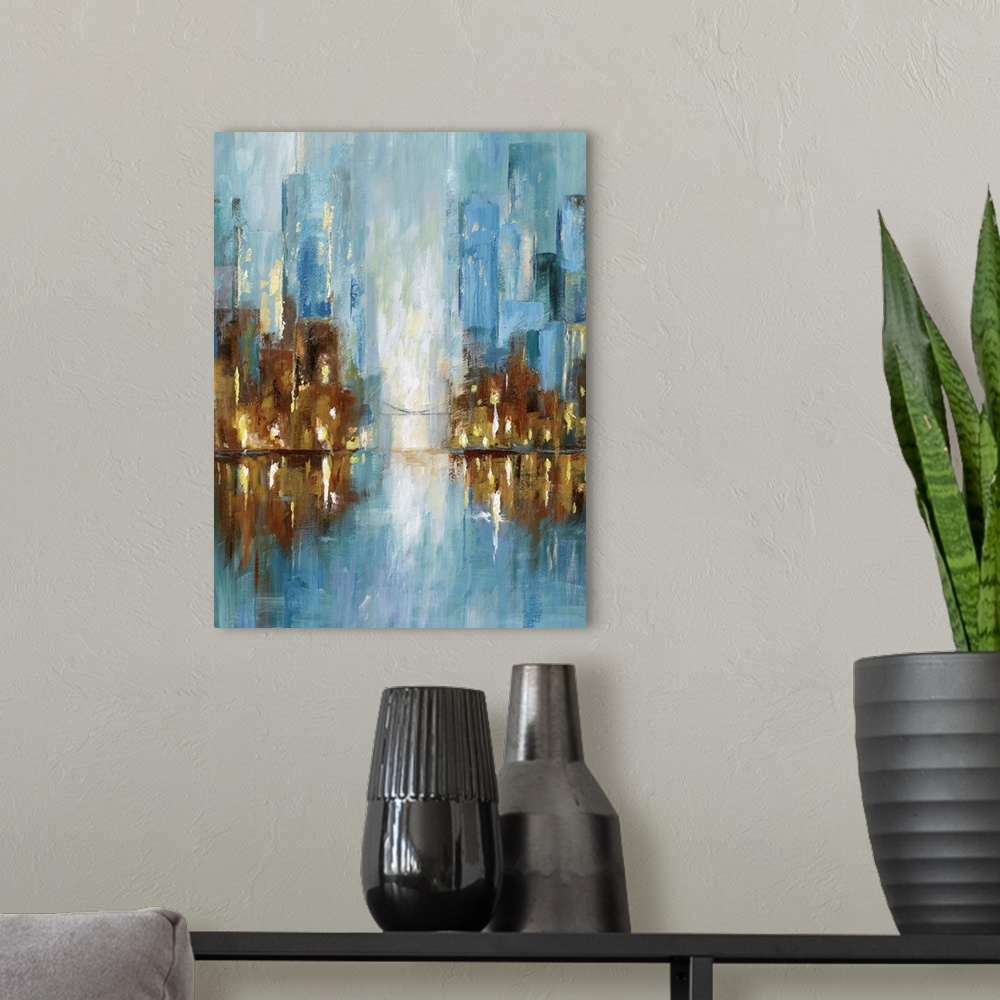 A modern room featuring Contemporary painting of a cityscape in the evening reflected in the water.