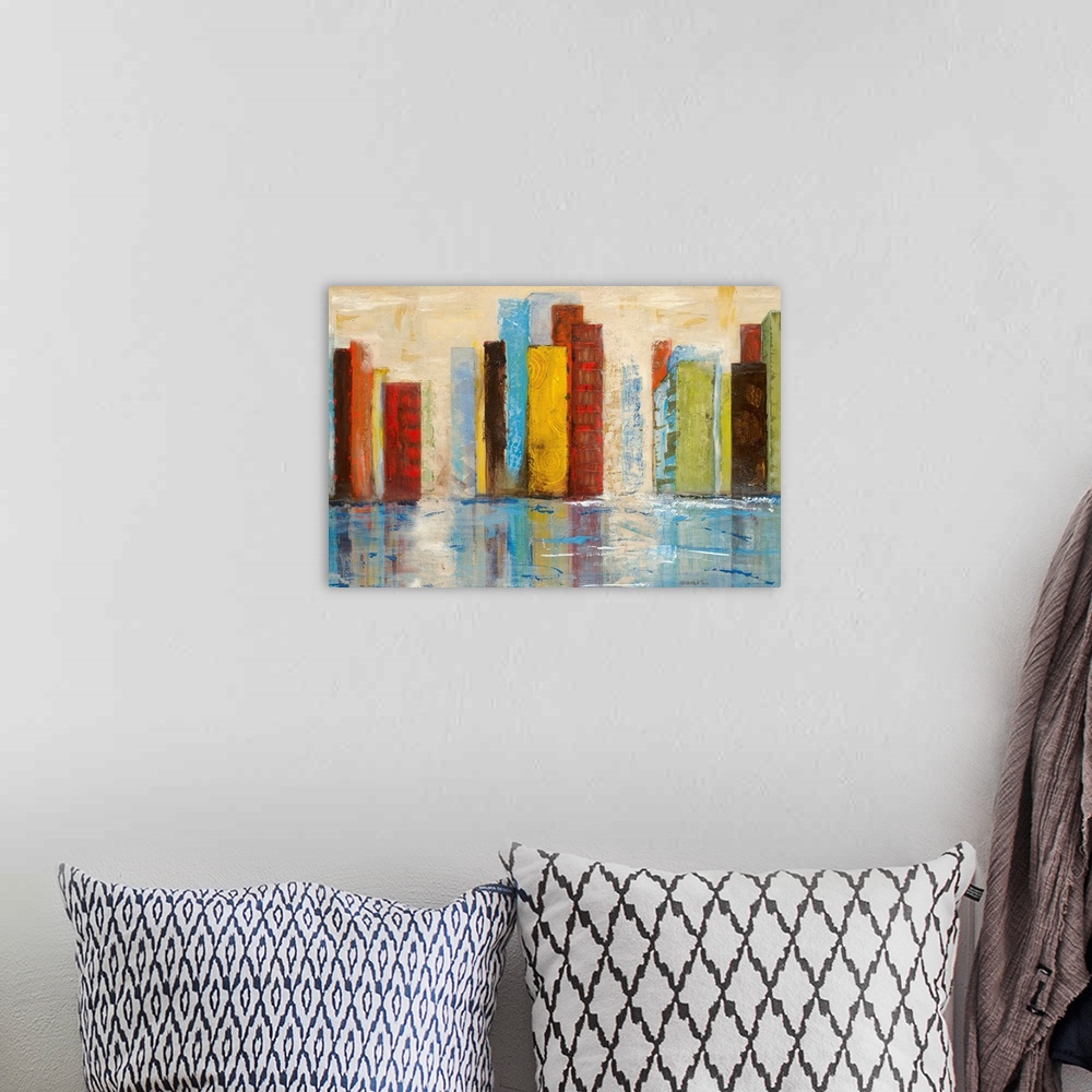 A bohemian room featuring This abstract piece uses strips of colors to stand in as buildings that line the edge of a body o...