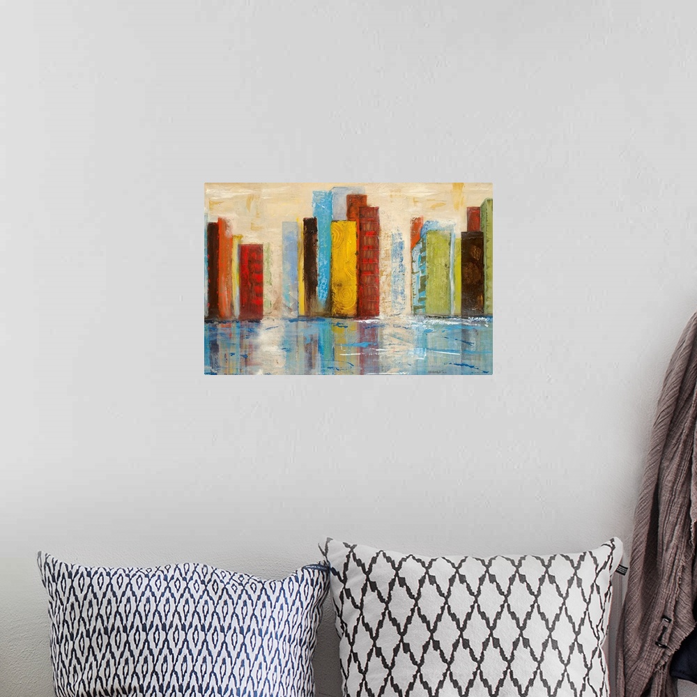 A bohemian room featuring This abstract piece uses strips of colors to stand in as buildings that line the edge of a body o...