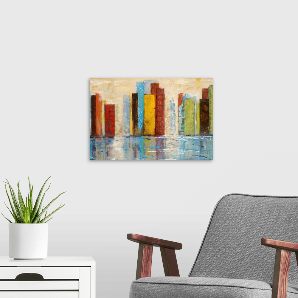A modern room featuring This abstract piece uses strips of colors to stand in as buildings that line the edge of a body o...