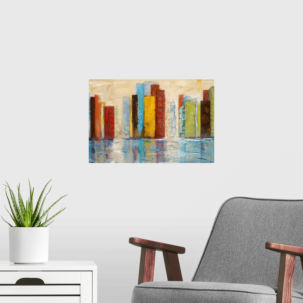 A modern room featuring This abstract piece uses strips of colors to stand in as buildings that line the edge of a body o...