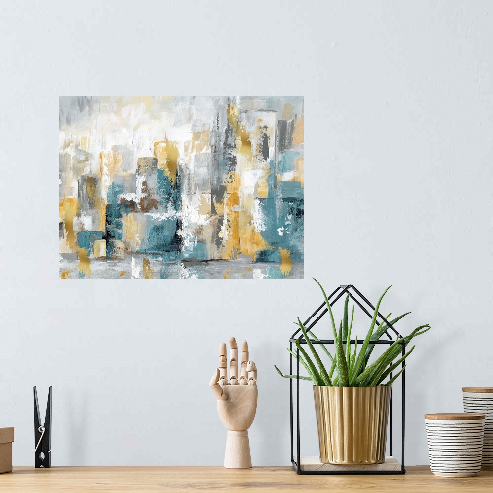 A bohemian room featuring Semi-abstract artwork of a city skyline in turquoise and gold.