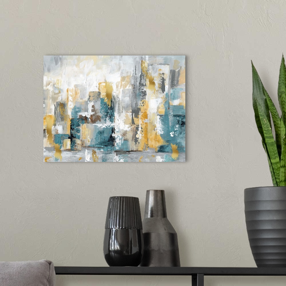 A modern room featuring Semi-abstract artwork of a city skyline in turquoise and gold.
