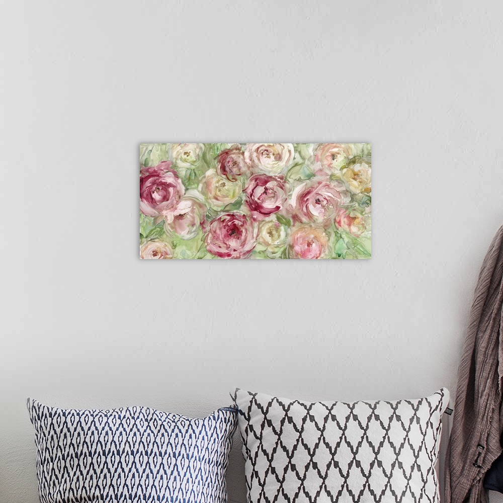 A bohemian room featuring A motif of watercolor roses in shades of red and green swell this contemporary painting.