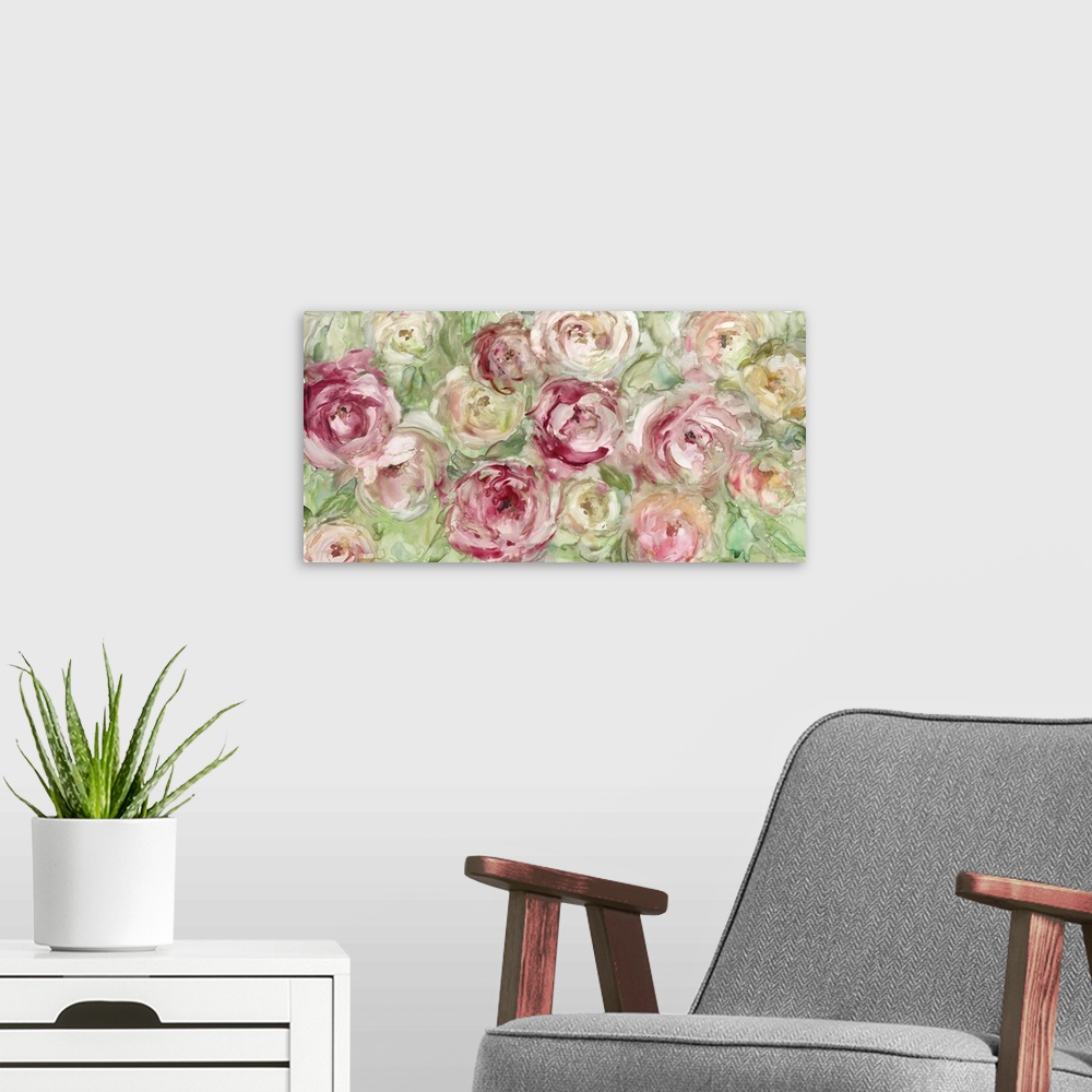 A modern room featuring A motif of watercolor roses in shades of red and green swell this contemporary painting.