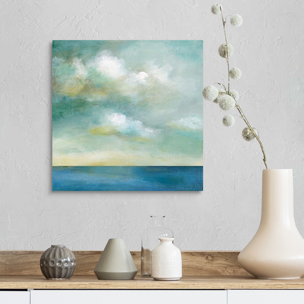 A farmhouse room featuring In this contemporary painting, brisk brush strokes compose white fluffy clouds that drift above a...