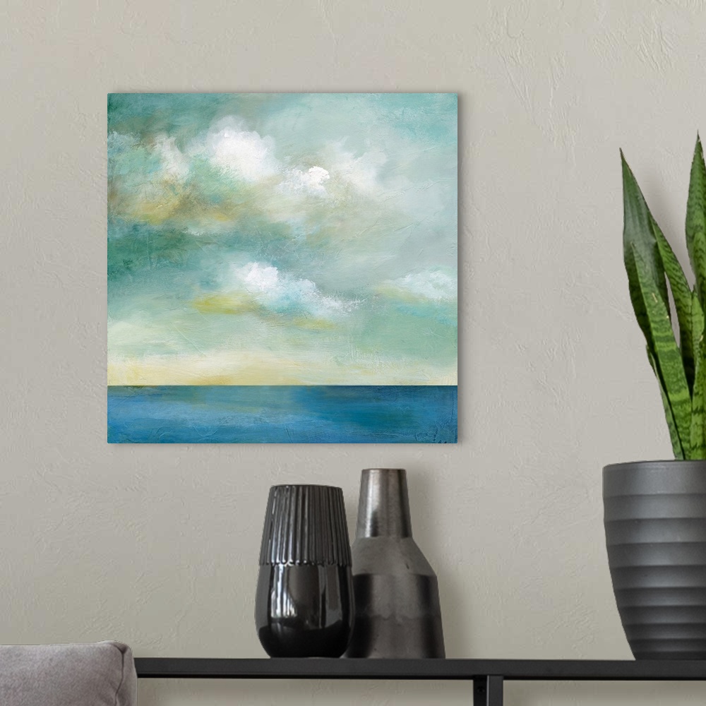 A modern room featuring In this contemporary painting, brisk brush strokes compose white fluffy clouds that drift above a...
