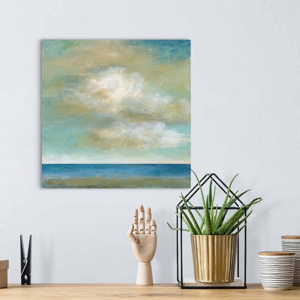 A bohemian room featuring In this contemporary painting, brisk brush strokes compose white and yellow fluffy clouds that dr...