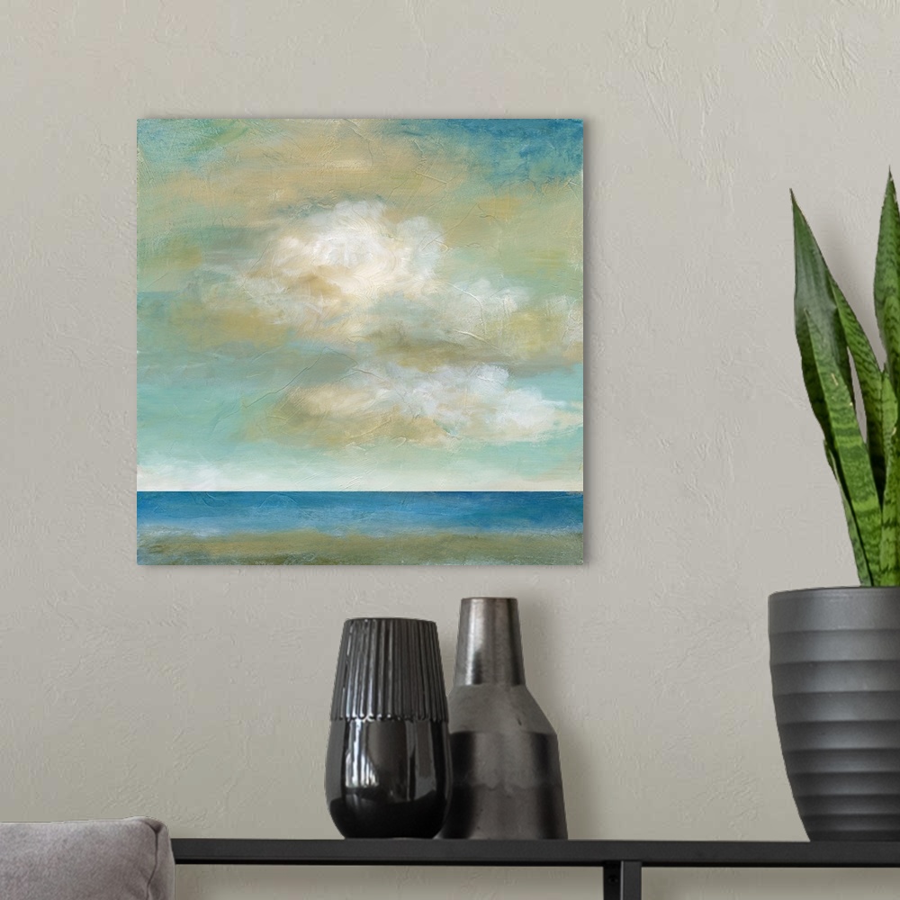 A modern room featuring In this contemporary painting, brisk brush strokes compose white and yellow fluffy clouds that dr...
