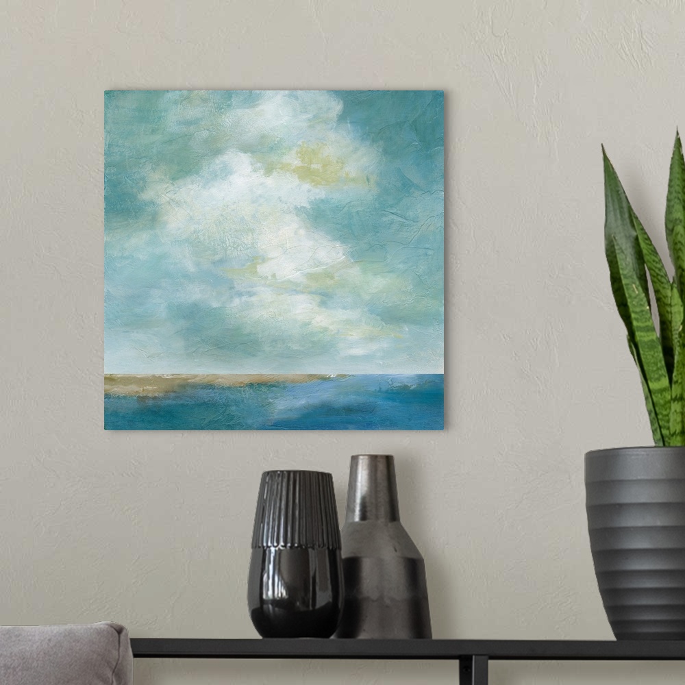 A modern room featuring A square contemporary painting of the ocean with large, puffy clouds above.