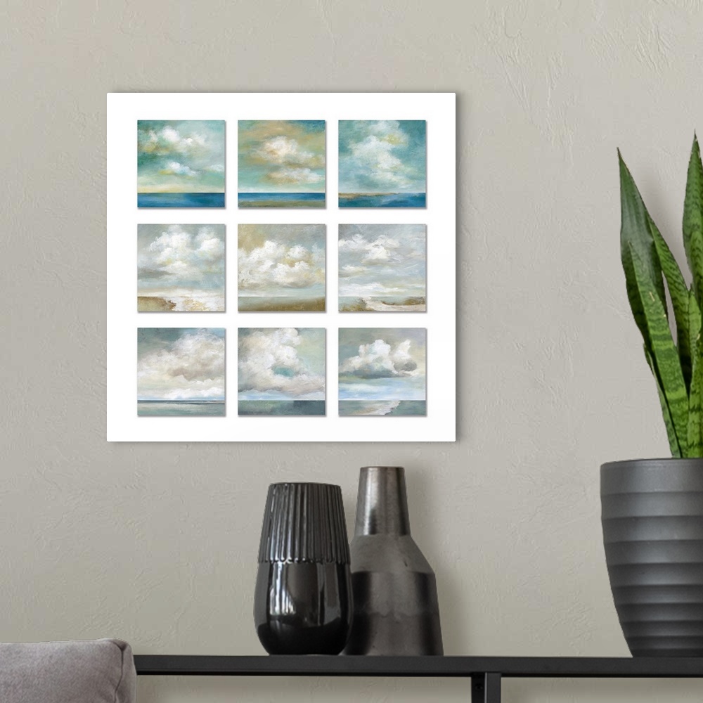 A modern room featuring Three by three square paintings of white fluffy clouds over a body of water against a white backg...