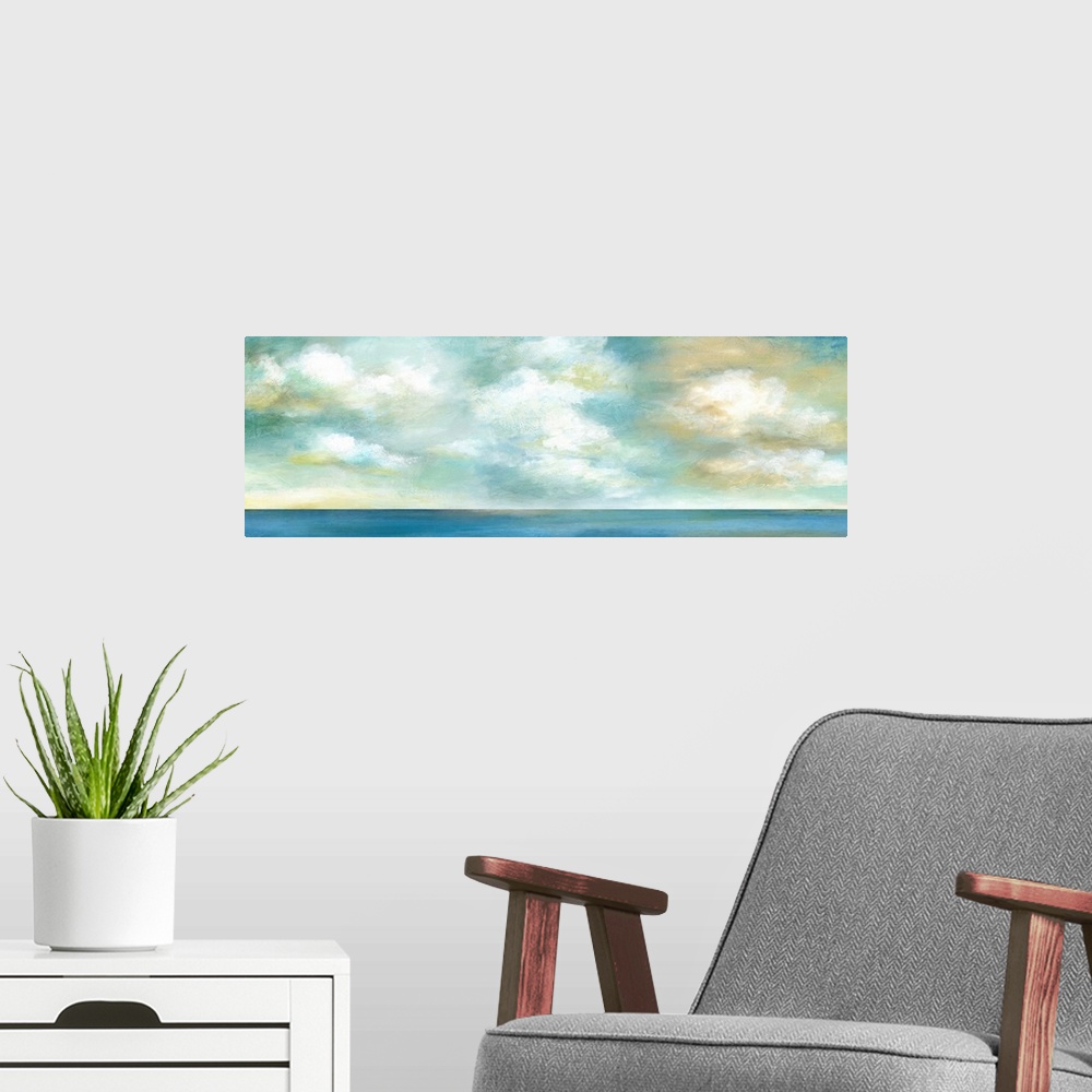 A modern room featuring In this contemporary panoramic painting, brisk brush strokes compose white and yellow fluffy clou...