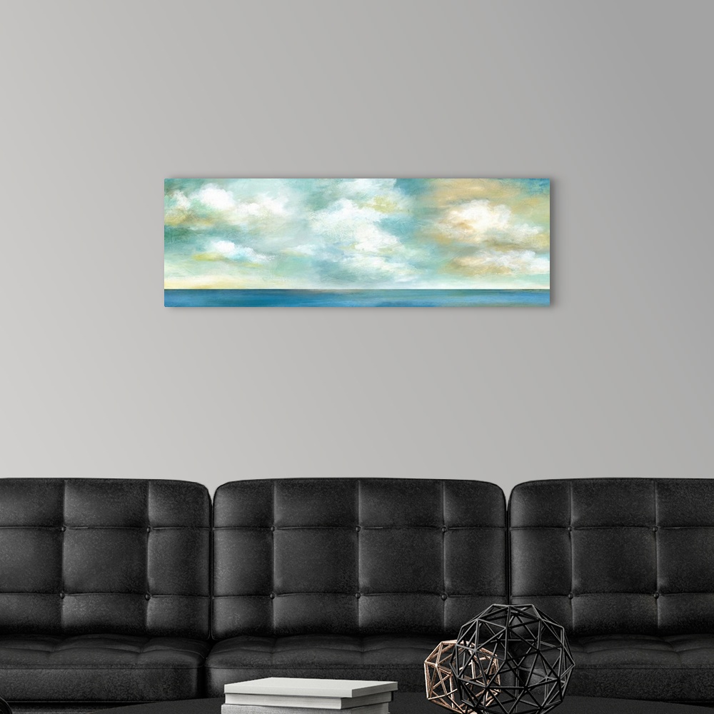 A modern room featuring In this contemporary panoramic painting, brisk brush strokes compose white and yellow fluffy clou...