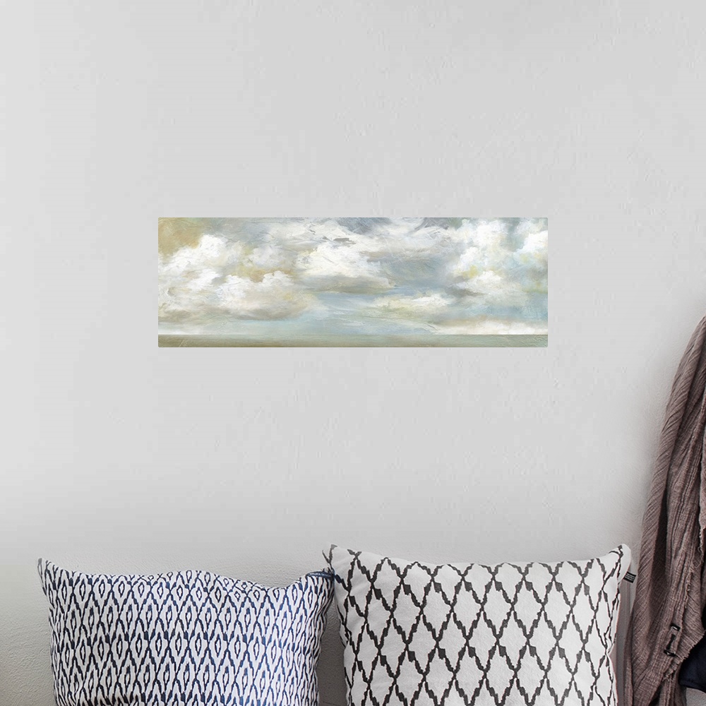 A bohemian room featuring In this contemporary panoramic painting, brisk brush strokes compose white fluffy clouds that dri...