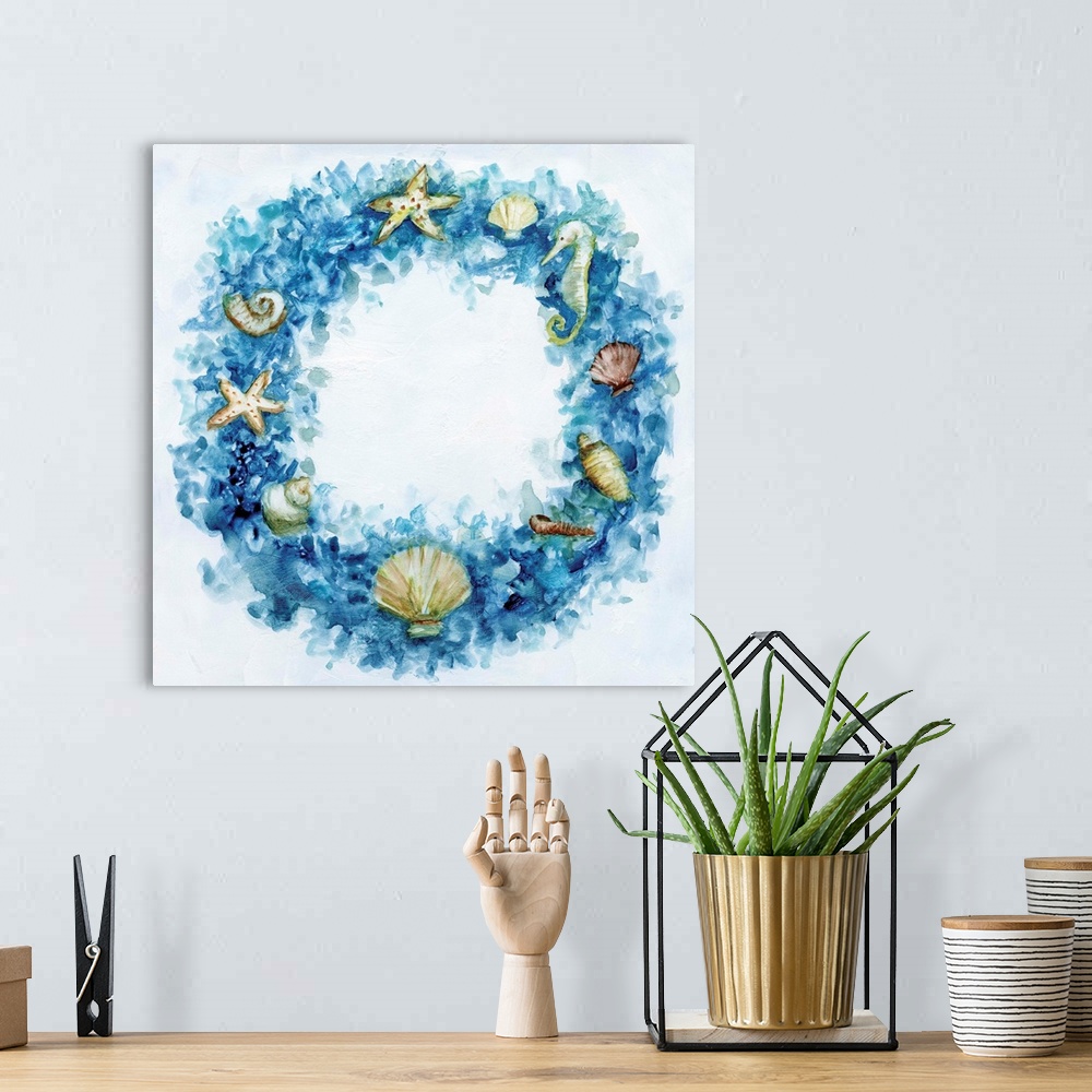 A bohemian room featuring Artwork of a blue Christmas wreath decorated with ocean shells.