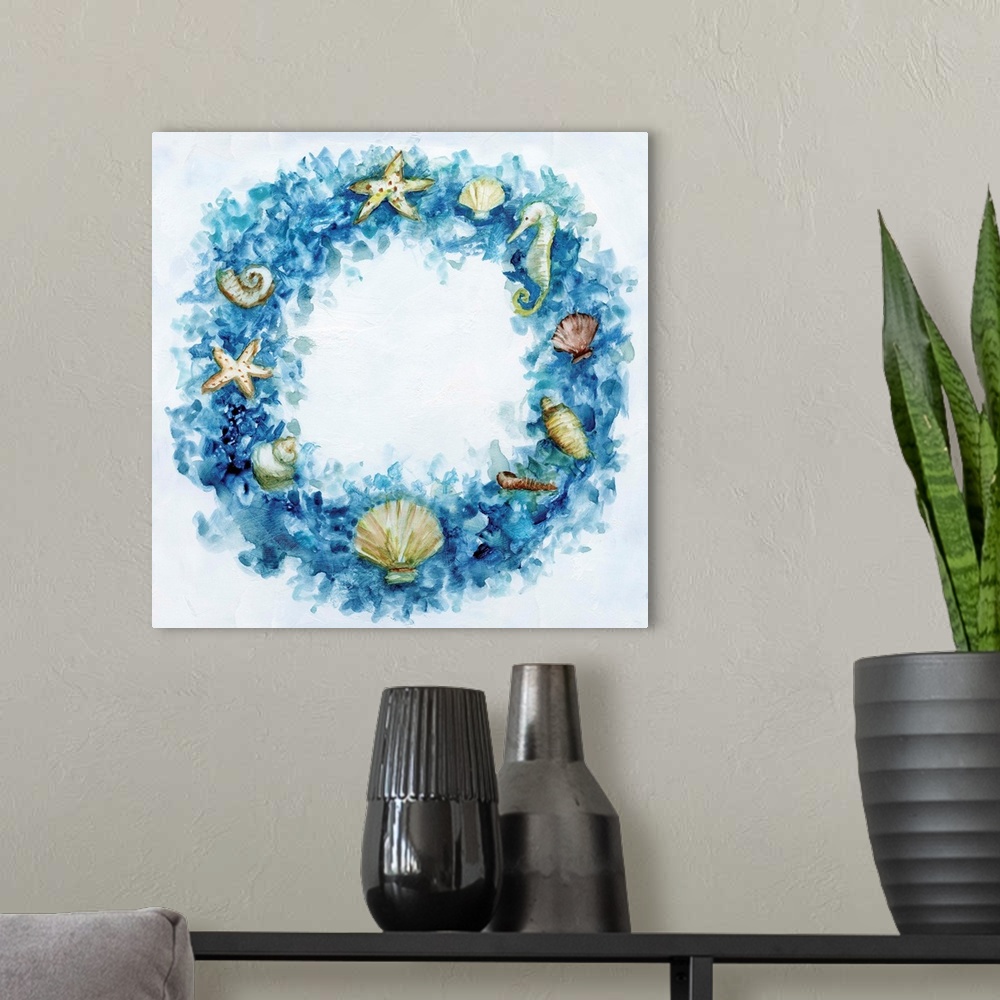 A modern room featuring Artwork of a blue Christmas wreath decorated with ocean shells.