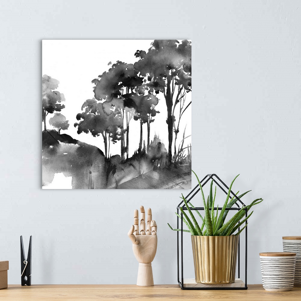 A bohemian room featuring Square watercolor painting of an abstract landscape in black and white.
