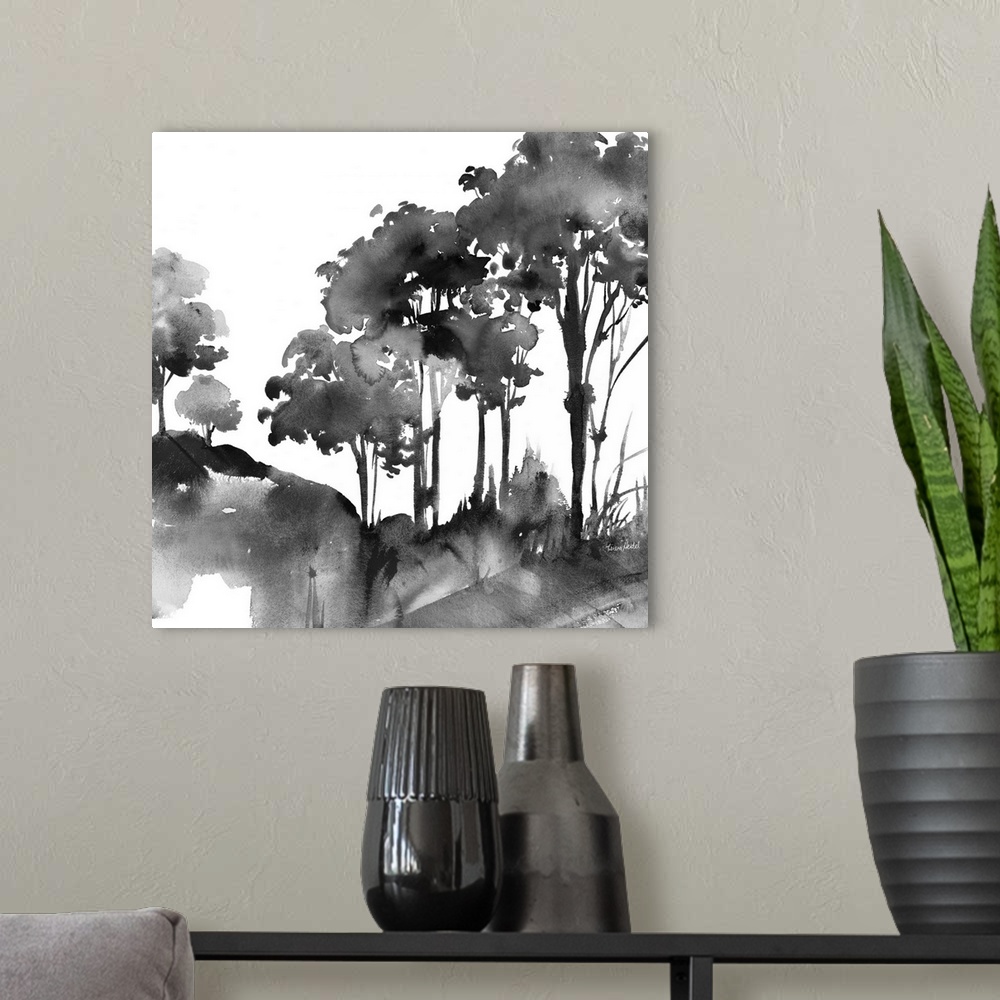 A modern room featuring Square watercolor painting of an abstract landscape in black and white.