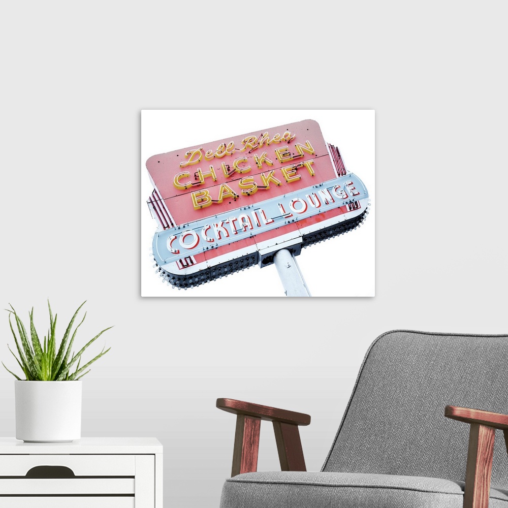 A modern room featuring Photograph of a vintage Dell Rhea Chicken Basket and Cocktail Lounge sign on a blown out, white b...