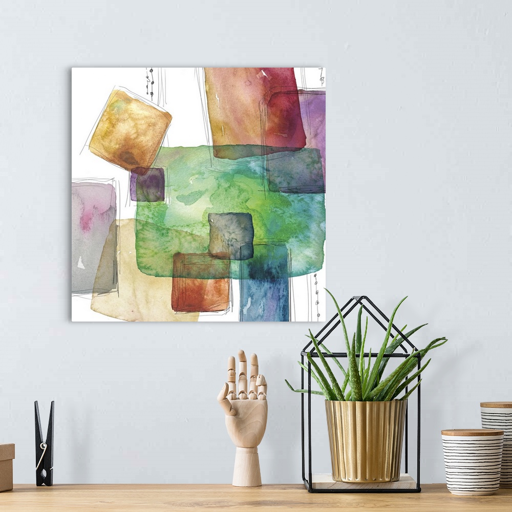 A bohemian room featuring Square abstract art with colorful watercolor squares and rectangles with thin black outlining lin...