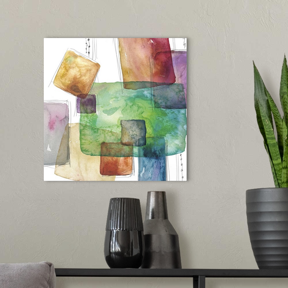 A modern room featuring Square abstract art with colorful watercolor squares and rectangles with thin black outlining lin...
