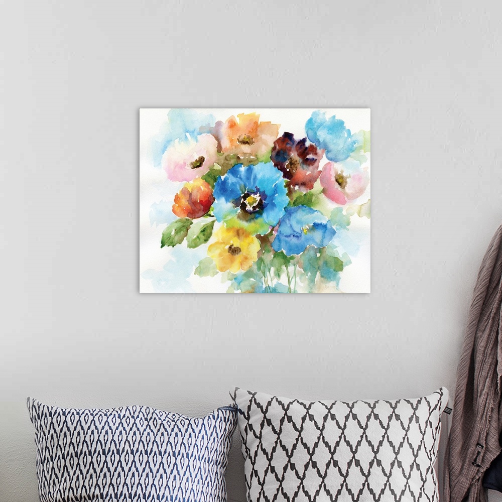 A bohemian room featuring Large watercolor painting of a bouquet of colorful flowers on a white background.
