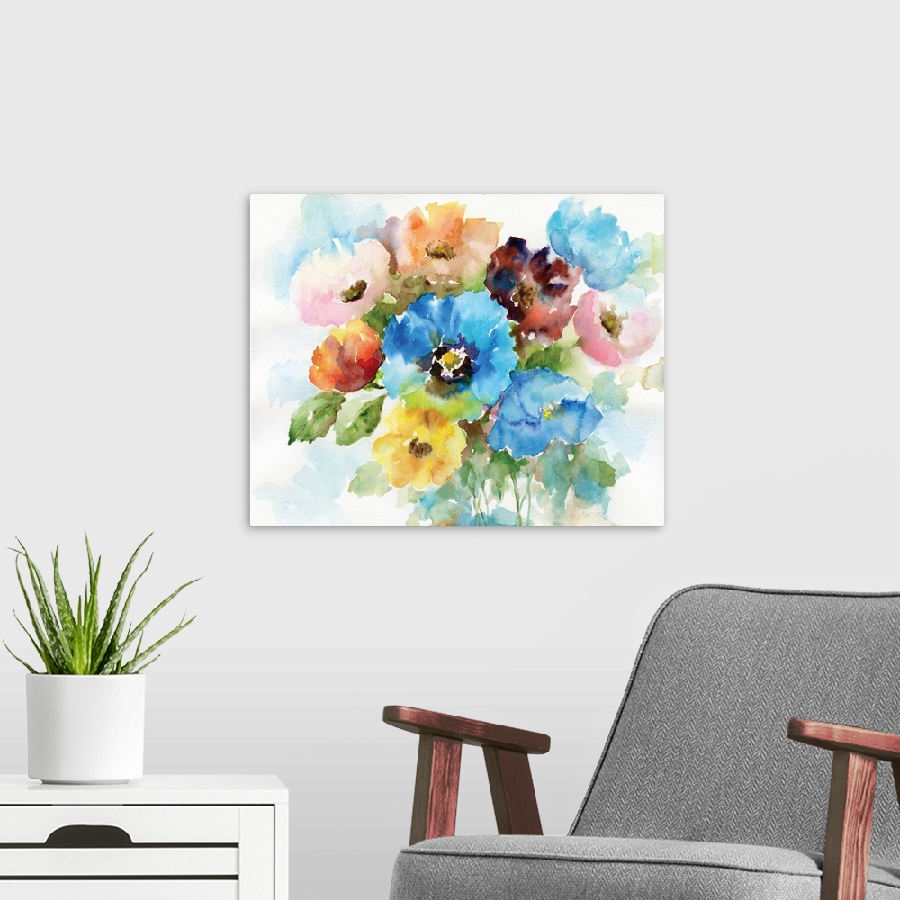 A modern room featuring Large watercolor painting of a bouquet of colorful flowers on a white background.