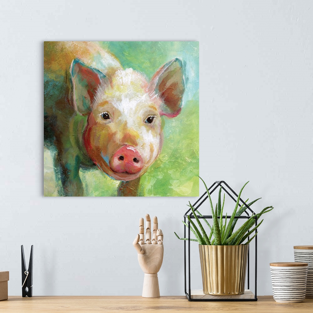 A bohemian room featuring A colorful painting of a pig.