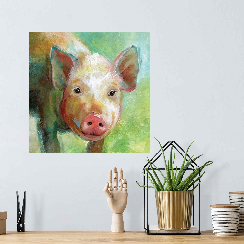 A bohemian room featuring A colorful painting of a pig.