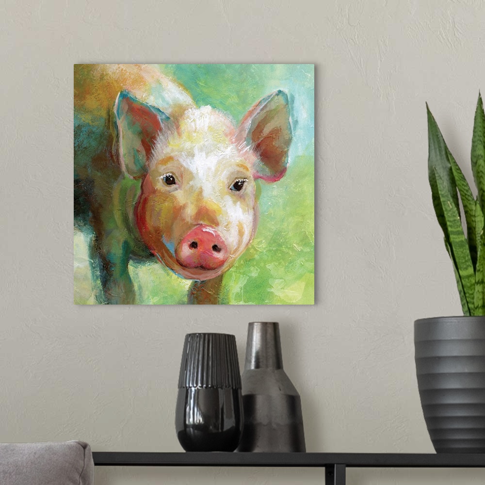A modern room featuring A colorful painting of a pig.