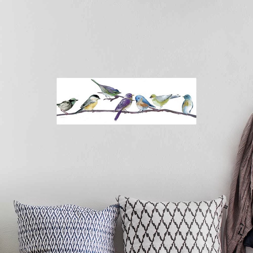 A bohemian room featuring Brightly colored songbirds perched in a row on a branch.