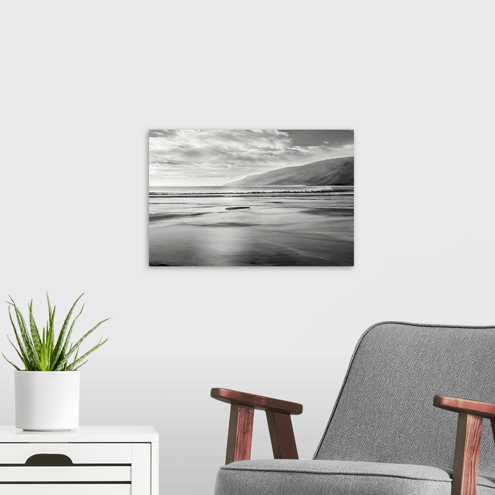 A modern room featuring Black and white seascape illustration with mountains in the background.