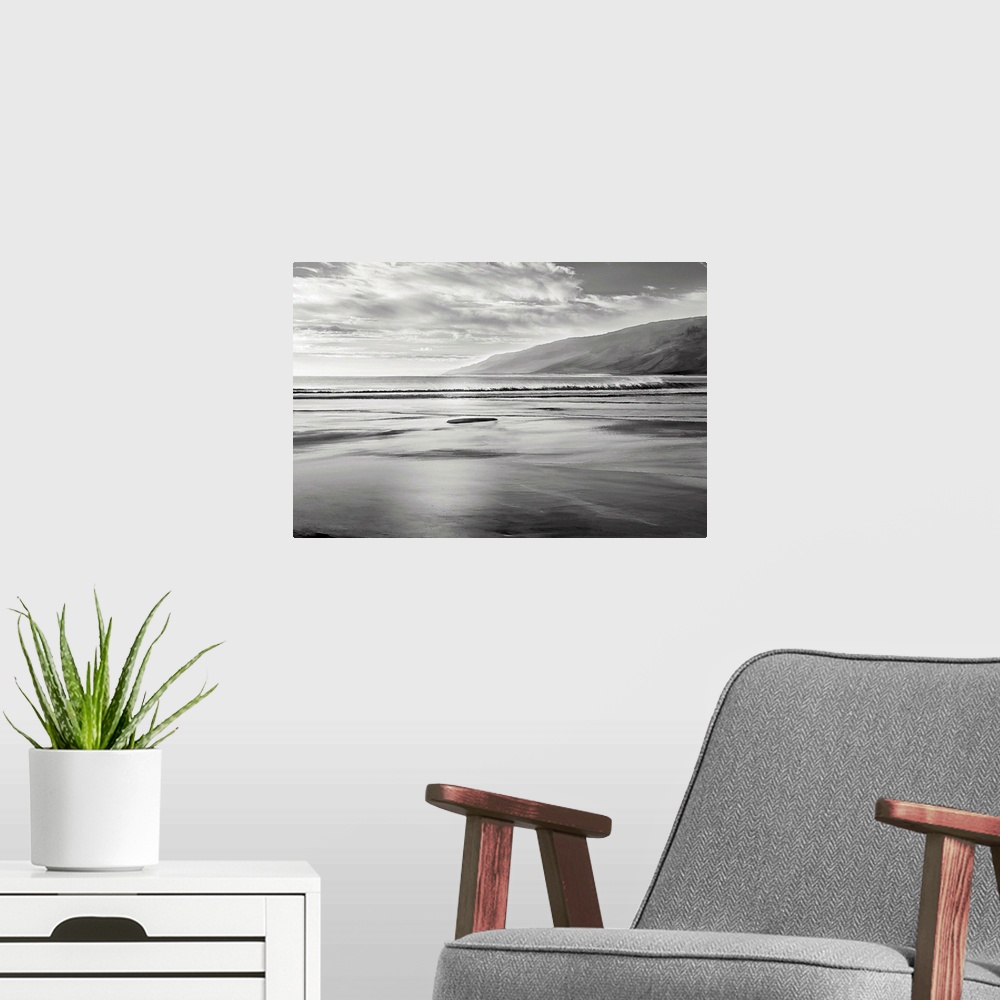 A modern room featuring Black and white seascape illustration with mountains in the background.