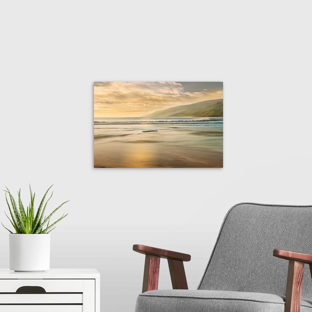 A modern room featuring Photograph of a shore with beautiful lighting and mountains in the background.