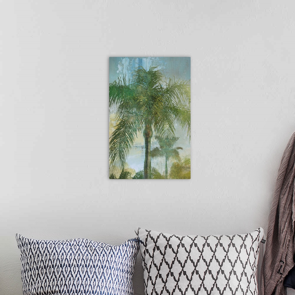 A bohemian room featuring Tropical palm tree landscape in green, blue, and golden hues.