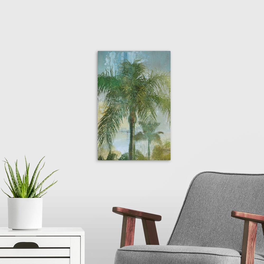 A modern room featuring Tropical palm tree landscape in green, blue, and golden hues.