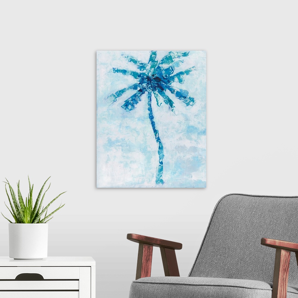 A modern room featuring Energetic brush movements compose a blue palm tree against a light blue mottled background.