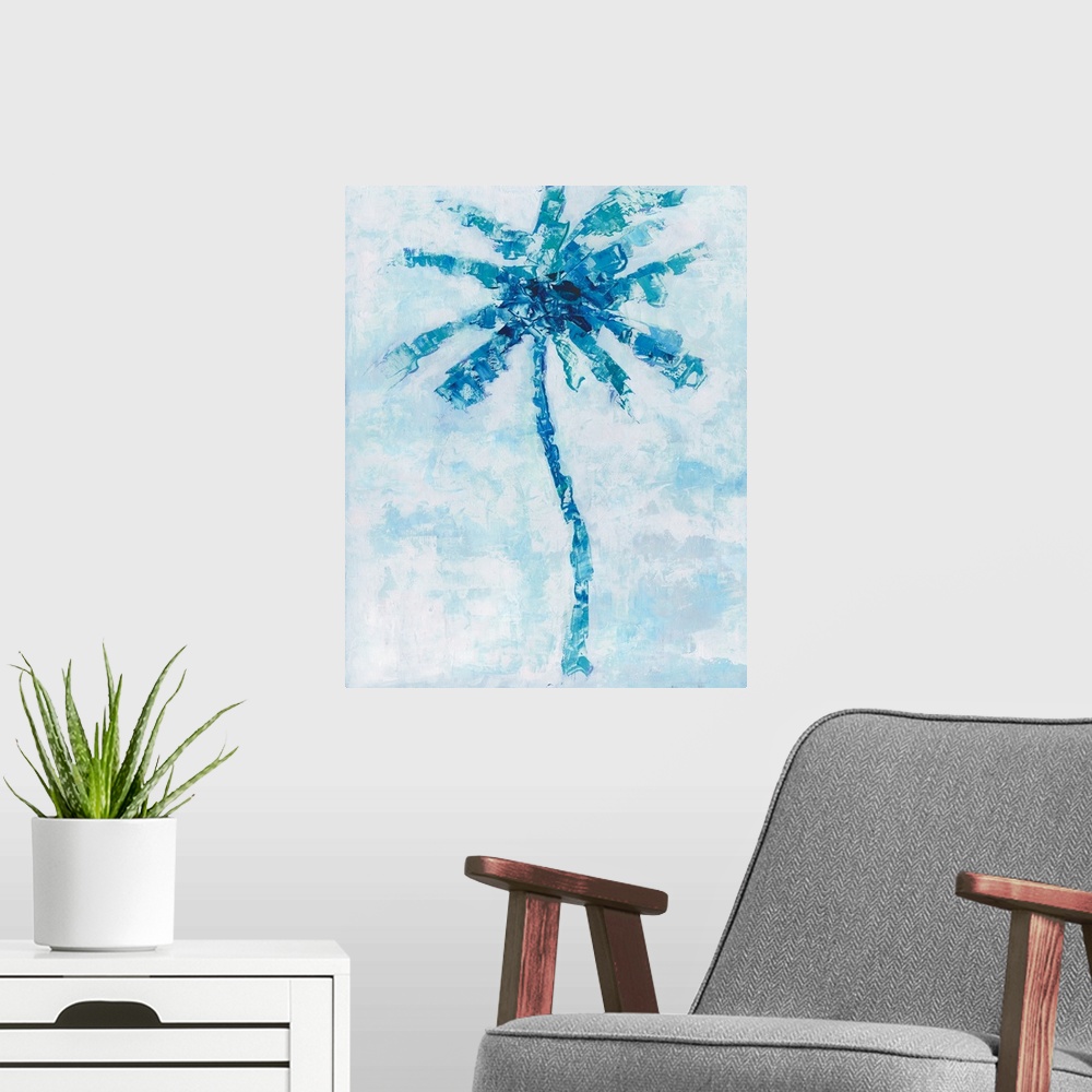 A modern room featuring Energetic brush movements compose a blue palm tree against a light blue mottled background.