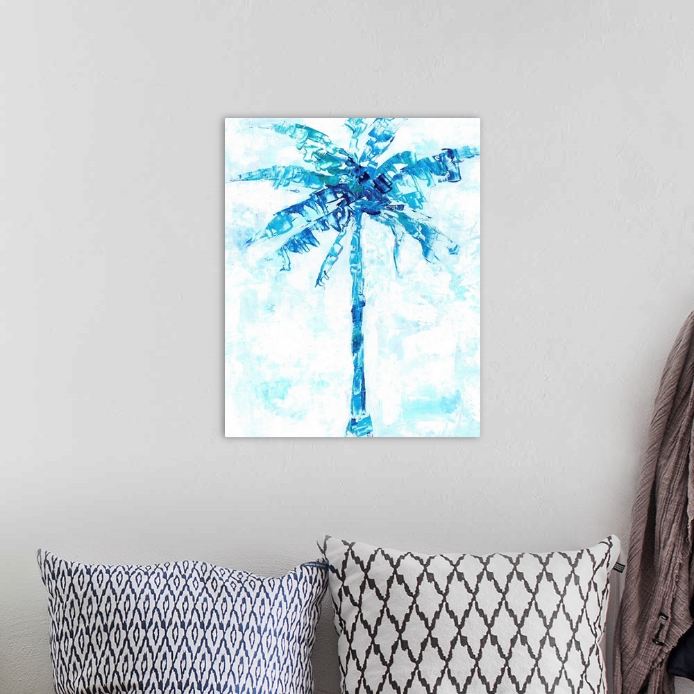 A bohemian room featuring Energetic brush movements compose a blue palm tree against a light blue mottled background.