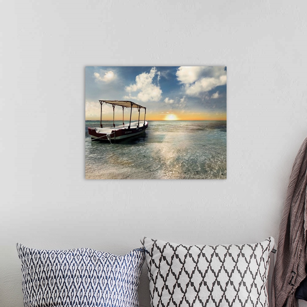 A bohemian room featuring In this photo, an anchored boat rests on a bank of the ocean in Costa Maya during a Carribean sun...