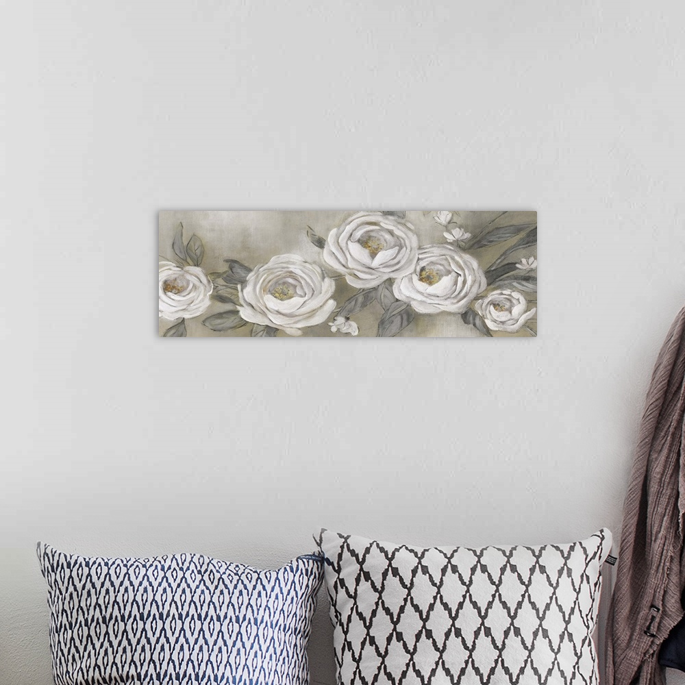 A bohemian room featuring A contemporary painting of soft white flowers with golden colored stamens and gray petals on a ne...