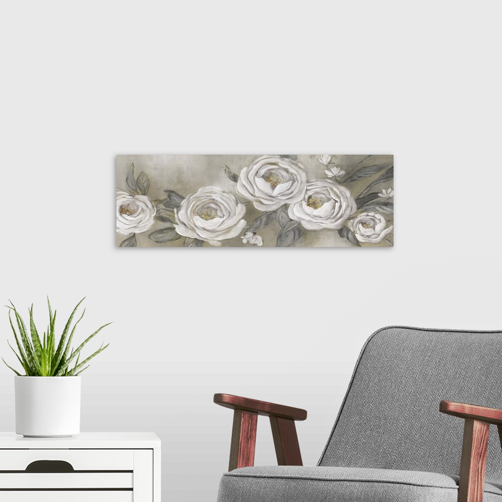 A modern room featuring A contemporary painting of soft white flowers with golden colored stamens and gray petals on a ne...