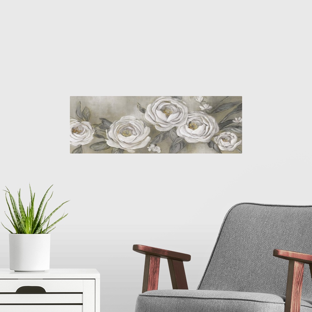 A modern room featuring A contemporary painting of soft white flowers with golden colored stamens and gray petals on a ne...