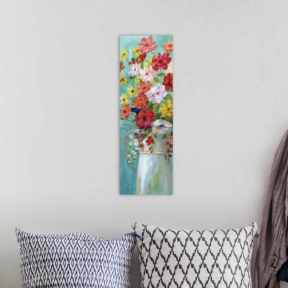 A bohemian room featuring Large panel painting of colorful flowers arranged in a white pitcher on a blue background.
