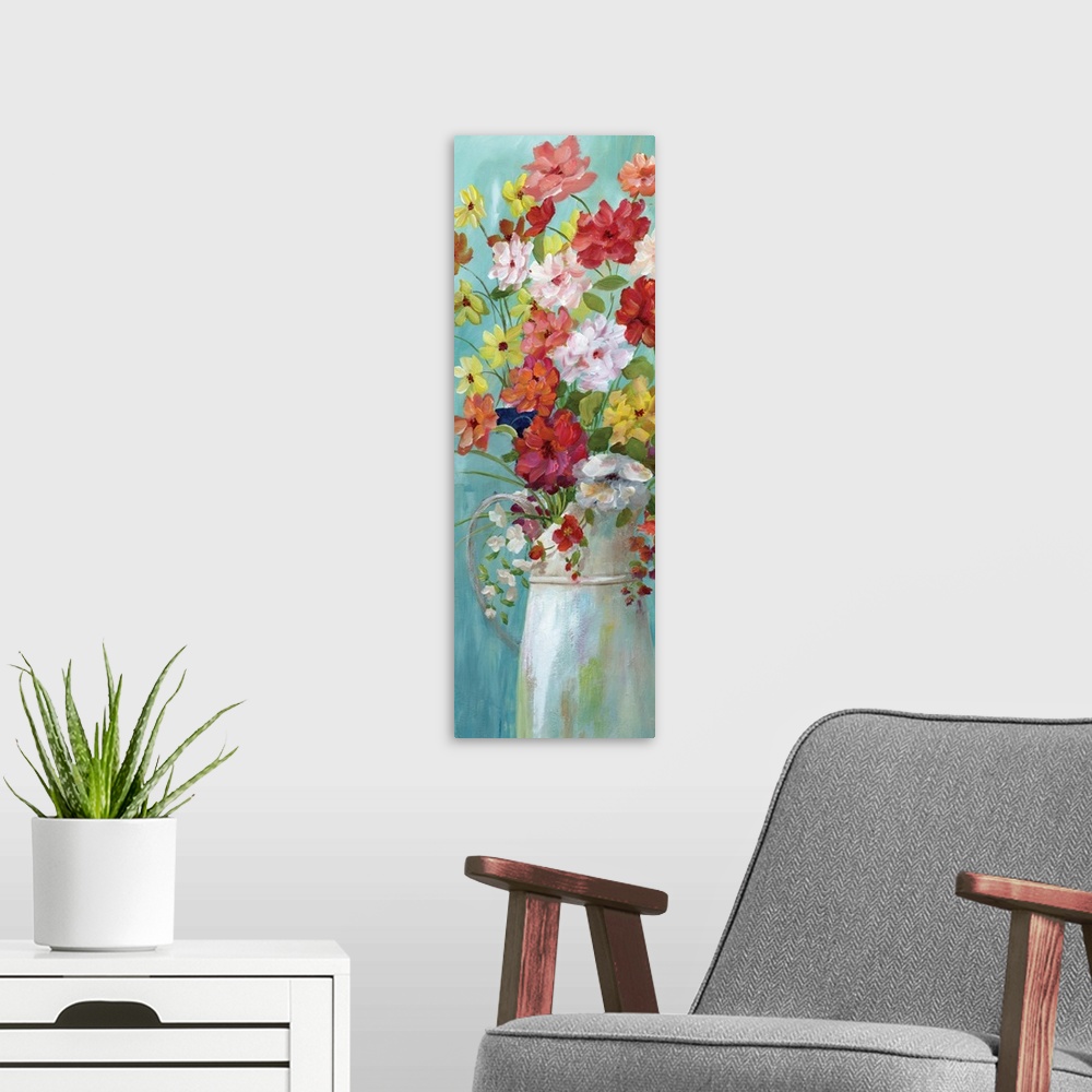 A modern room featuring Large panel painting of colorful flowers arranged in a white pitcher on a blue background.