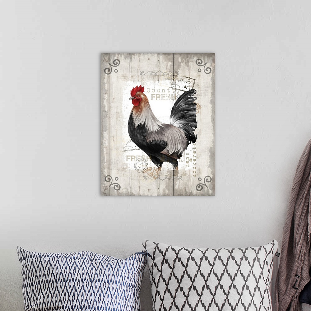 A bohemian room featuring Vertical decorative design of a rooster with a vintage style border with embellishments.