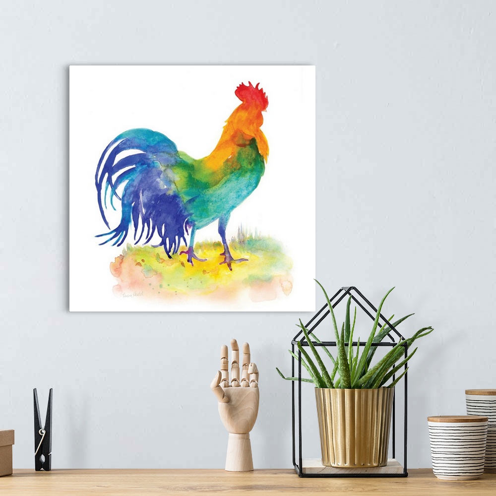 A bohemian room featuring Square watercolor painting of a rooster using all of the colors of the rainbow.