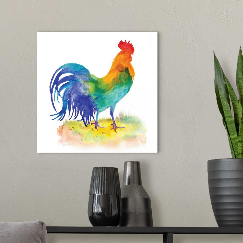 A modern room featuring Square watercolor painting of a rooster using all of the colors of the rainbow.